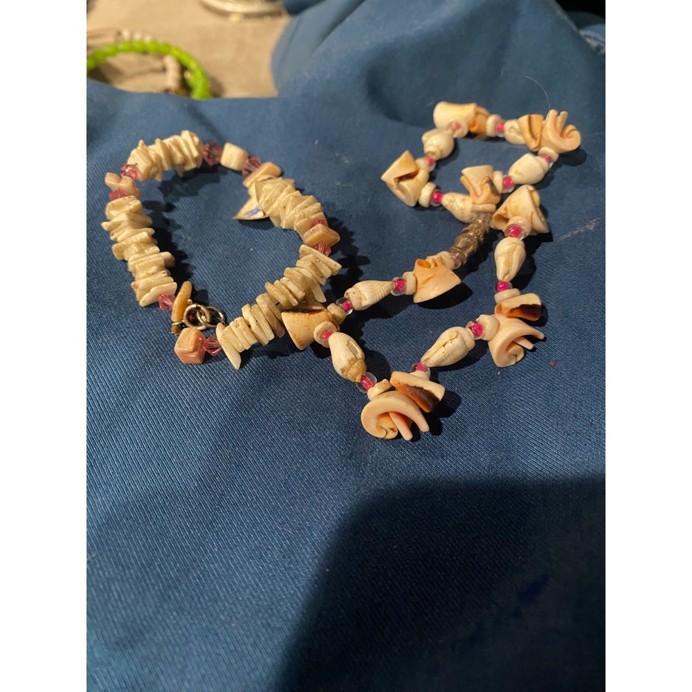 Vintage Shell Bead Bracelet Set Natural Coastal Boho Jewelry 2 Piece Set